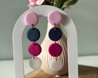Pink Navy Color Block Dangle Earrings, Long Circle Drop Polymer Clay, Bold Modern Style, Hypoallergenic, Statement Gift for Her
