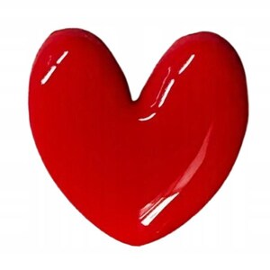 May include: A solid, bright red heart-shaped object with a smooth, glossy, and reflective surface. The heart features a rounded top with two distinct lobes and a pointed bottom, creating a classic, symmetrical heart silhouette.