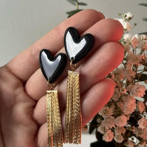 Black Gold Heart Dangle Earrings, Dark Romantic Polymer Clay Drop Jewelry, Gothic Style, Hypoallergenic, Birthday Gift