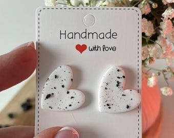 White Stracciatella Heart Stud Earrings, Speckled Marble Polymer Clay Jewelry, Soft Girl Aesthetic, Hypoallergenic, Birthday Gift