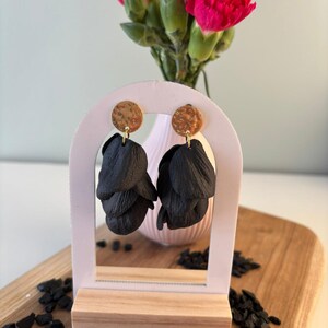 Black Gold Petal Dangle Earrings, Glamor Drop Polymer Clay, Elegant Evening Style, Hypoallergenic, Night Out Birthday Gift
