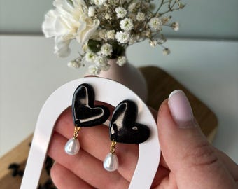 Black Gold Pearl Heart Dangle Earrings, Glamor Romantic Polymer Clay, Luxury Elegant Style, Hypoallergenic, Valentine Gift for Her