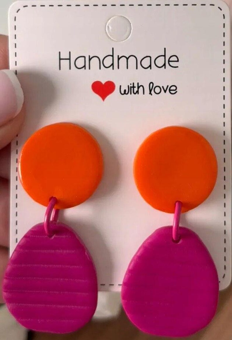 Pink Orange Geometric Dangle Earrings, Color Block Polymer Clay, Dopamine Dressing Style, Hypoallergenic, Fun Birthday Gift for Her image 6