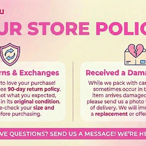 May include: A store policy graphic with a pink and yellow gradient background. It features the text polkabizzu, OUR STORE POLICY, Easy Returns & Exchanges, and Received a Damaged Item? with icons of a shield and a broken heart. Includes contact info.