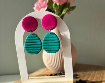 Turquoise Fuchsia Color Block Dangle Earrings, Bold Drop Polymer Clay, Dopamine Dressing Style, Hypoallergenic, Fun Gift for Her
