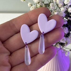 Lilac Crystal Heart Dangle Earrings, Pastel Drop Polymer Clay Jewelry, Coquette Romantic Style, Hypoallergenic, Valentine Birthday Gift
