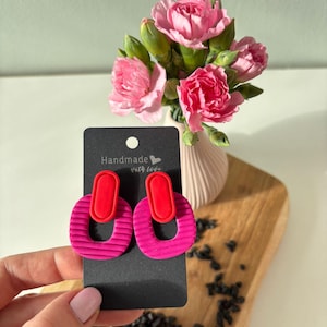 Red Fuchsia Geometric Dangle Earrings, Color Block Polymer Clay, Modern Statement Jewelry, Hypoallergenic, Dopamine Dressing Gift