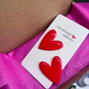Red Heart Stud Earrings, handmade polymer clay earrings by Polkabizzu