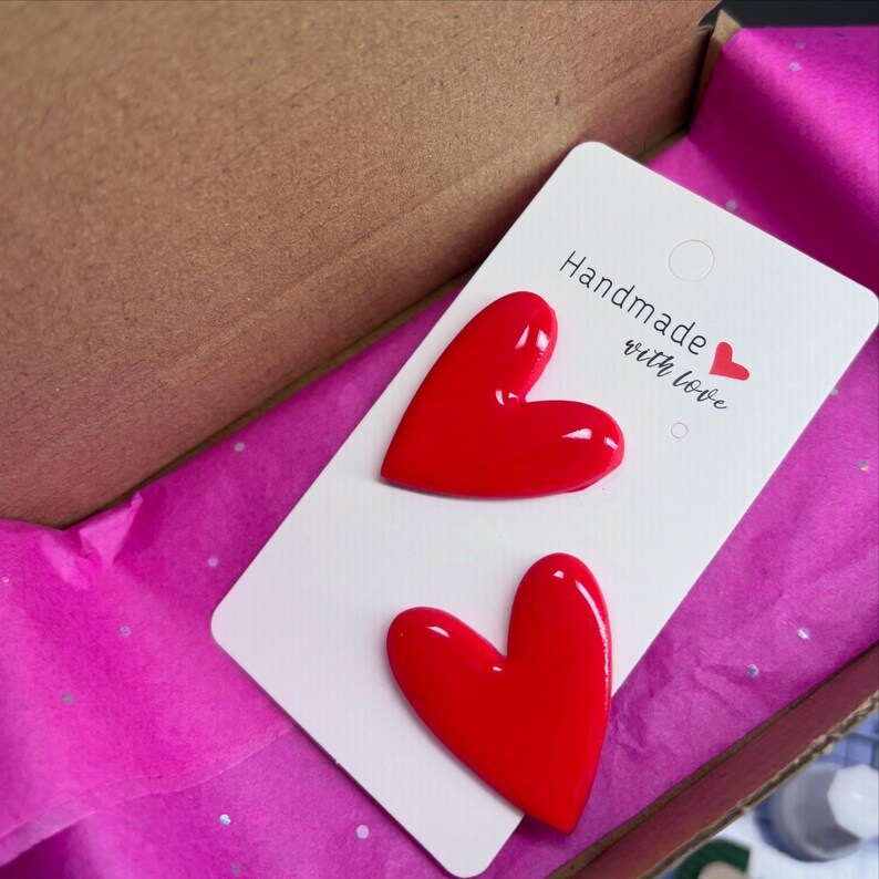 Red Heart Stud Earrings, handmade polymer clay earrings by Polkabizzu