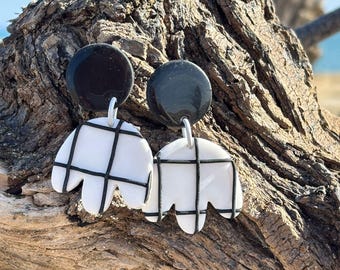 Black and White Checkered Tulip Dangle Earrings, Retro Polymer Clay Dangles