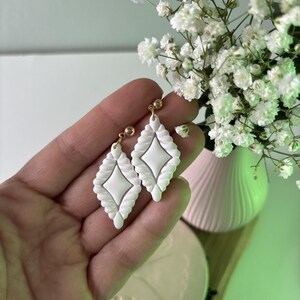 White Diamond Shape Dangle Earrings, Ivory Polymer Clay Bridal Dangles