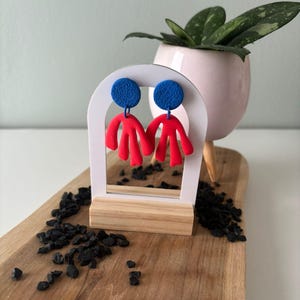 Cobalt Blue Red Abstract Dangle Earrings, Matisse Inspired Polymer Clay, Art Statement Style, Hypoallergenic, Unique Gift for Her