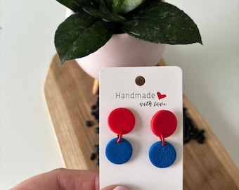 Red Blue Circle Dangle Earrings, Color Block Geometric Polymer Clay, Dopamine Dressing Style, Hypoallergenic, Bold Gift for Her