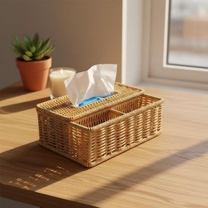 Może przedstawiać: Tkany kosz na chusteczki w kolorze jasnobrązowym o prostokątnym kształcie i oddzielnej przegródce. Białe chusteczki są wyciągane z góry. Pudełko stoi na drewnianej powierzchni. Mała roślina sukulentowa znajduje się w tle.