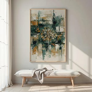 Abstract Floral Textured Art Print, Green Gold Teal Beige Botanical Decor (Digital Download)