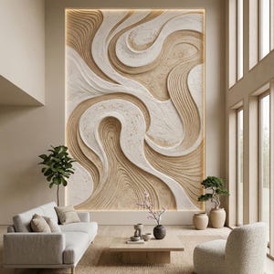 May include: A large rectangular wall art piece featuring raised, swirling, organic textures in shades of cream and beige. The design consists of flowing, layered lines that create a sense of depth and movement across the entire surface area.