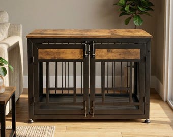 Heavy Duty Dog Crate Furniture: Large Wooden Kennel End Table with Bowls