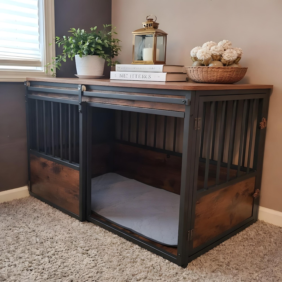 Wooden Dog Crate Furniture With Cushion, Heavy Duty Chew Resistant ... - Dog Crate Furniture With Rattan Headboard