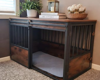 Wooden Dog Crate Furniture with Cushion, Heavy Duty Chew Resistant Kennel Table