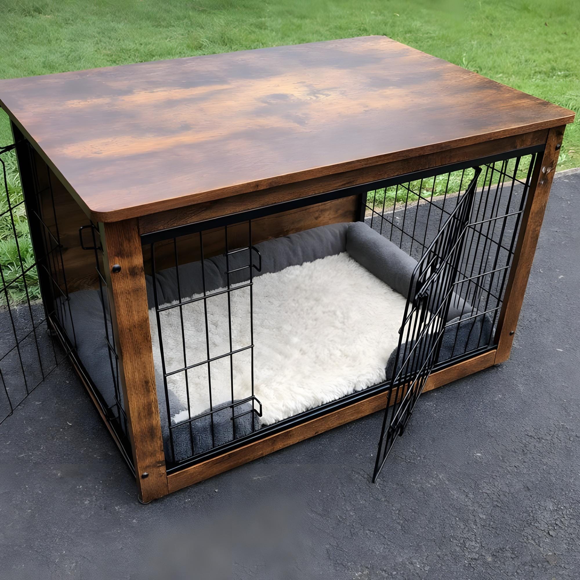Handmade Dog Crate Furniture With Cushion, Wooden Kennel Table, Double
