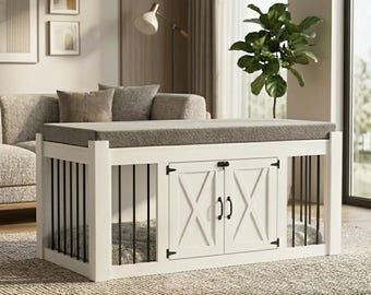 Wooden Dog Crate Furniture Bench, Ottoman End Table, White Pet Kennel for Medium Dogs