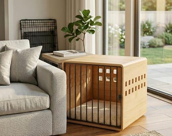 Solid Wood Dog Crate Furniture, Pine Kennel End Table, Natural Pet House