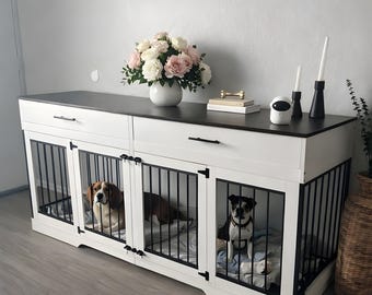 Rustic Brown Double Dog Crate Furniture, Wooden TV Stand Kennel, 72"