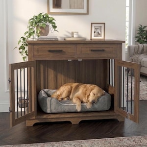 May include: A wooden dog crate cabinet with two top drawers and two open-front doors featuring vertical metal bars. Inside the crate, a golden-colored dog sleeps on a gray rectangular pet bed. The cabinet has a dark brown wood grain finish.