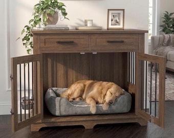 44 Inch Dog Crate Furniture with Drawers, Wooden Kennel End Table with Rotating Bowls, Farmhouse Indoor Dog Cage, Brown