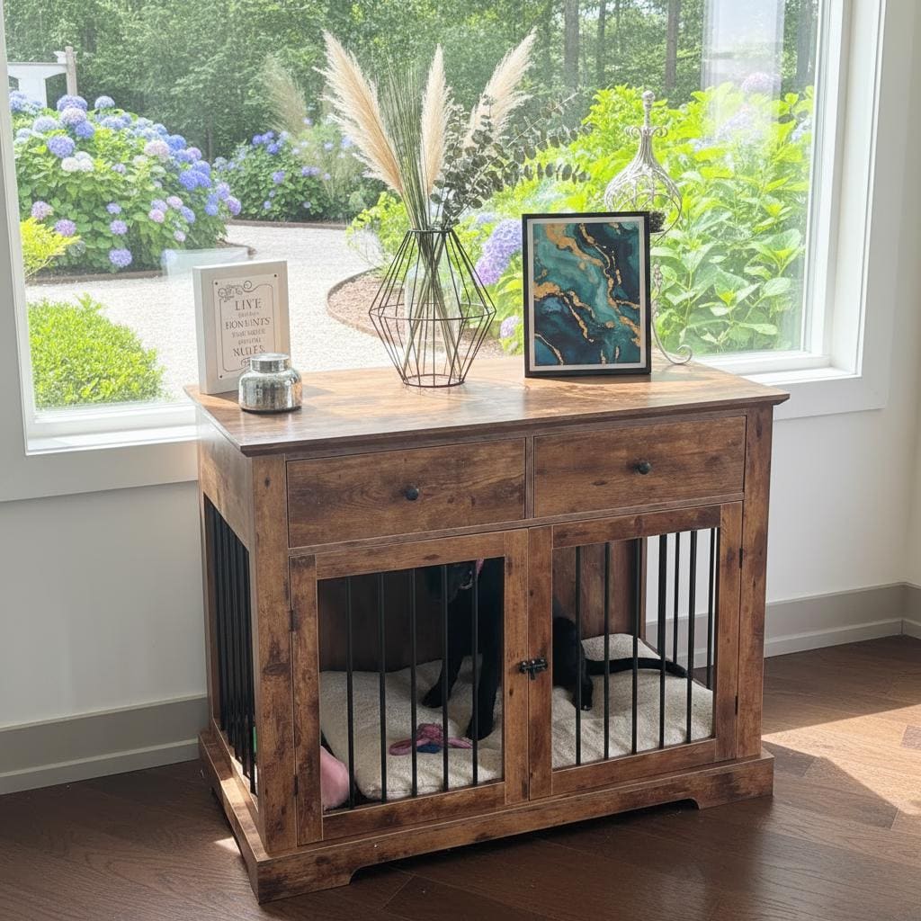 Large Wooden Dog Crate Furniture With Drawers, Chew Resistant End Table ...