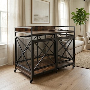 May include: A black metal and wood console table with a mesh front and a wooden top. The table has a rectangular shape and is on wheels. The top shelf has a small bowl and a leash.