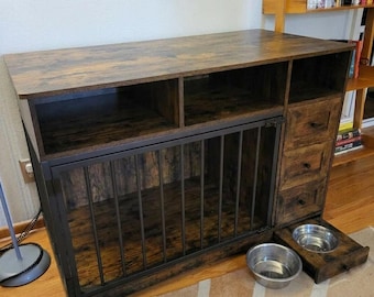 Farmhouse Dog Crate Furniture, 48-Inch Wooden Kennel with Storage Drawers, Retro Brown End Table