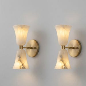 Mid Century Modern Alabaster Wall Sconce, Brass Double Shade Wall Light, Italian Marble Wall Lamp, Luxury Bathroom Vanity Lighting Fixture