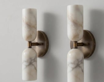 Mid Century Modern Alabaster Wall Sconce Brass Marble Cylinder Wall Light Luxury Stone Wall Lamp Minimalist Bedside Vintage Lighting Fixture