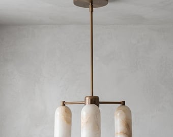 Lámpara de araña de alabastro de estilo moderno de mediados de siglo, lámpara de techo de latón de 3 luces, lámpara colgante italiana Stilnovo, luminaria minimalista de lujo para el hogar.