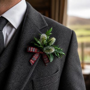 May include: A charcoal grey herringbone blazer with a white collared shirt and a buttonhole featuring three spiky green thistle heads, dark green leaves, and a small red, green, and white tartan ribbon tied into a bow on the lapel.