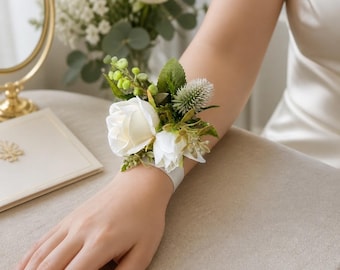 Ivory Rose Wrist Corsage | Artificial Wedding Flower Bracelet, Thistle Accents