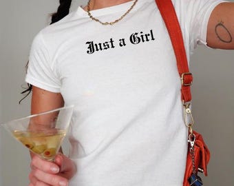 Just a Girl Crop Tank Top, Vintage Y2K Baby Tee, Old English Gothic Font Shirt, 90s Grunge Racer Style Top, Coquette Aesthetic Graphic Tank