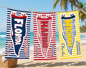 Personalized College Pennant Beach Towel, School Banner Striped Towel, University Graduation Gift, Custom Beach Towel, Graduation Gift