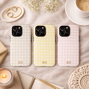 Personalisierte Vichy Handyhülle Monogramm Gold Initialen, iPhone 17 16 15 14 13 Pro Max Plus Air, Galaxy S25 S24 S23 S22 S21 Google Pixel 9 8