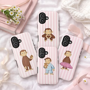 May include: Pink and white striped phone cases featuring a cartoon monkey in various poses. One case shows the monkey holding a heart, another with a cookie, and another with a teddy bear. The cases have a dual-lens camera cutout.