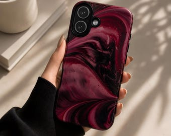 Burgundy Marble Swirl Phone Case Tough Cover for iPhone 17Pro, 16, 15, 14, 13, 12, 11, Samsung S26, S25, S24, S23, A16, A35, A55, Pixel 9