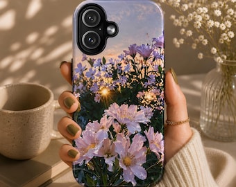 Dawn Meadow Wildflowers Phone Case Floral Sunset Cover for iPhone 17Pro, 16, 15, 14, 13, 12, 11, Samsung S25, S24, S23, A16, A35 A55 Pixel 9