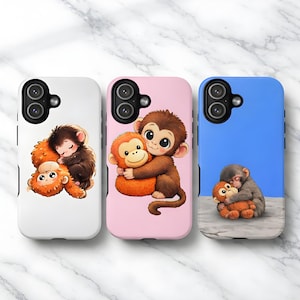 May include: Three phone cases with cute cartoon monkey designs. The cases are white, pink, and blue. Each case features a different illustration of monkeys hugging each other. The monkeys are brown, orange, and gray.
