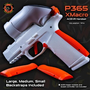 May include: A white and orange P365 XMacro ACEVR handset controller accessory with a fully weighted 787g design. The set includes large, medium, and small orange textured backstraps. Text on the image reads Void Cat Industries, P365 XMacro ACEVR Handset, and Large, Medium, Small Backstraps Included.