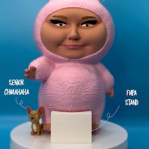May include: A pink bunny suit figurine with a face, standing next to a small chihuahua figurine. The text "DAINTY GORL IN HER BUNNY SUIT", "SENIOR CHIMAHANA", and "FIPA STAND" are also visible.