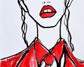 ファッションウォールアート、オリジナル手描きポートレート、額装済みA3インクアート作品