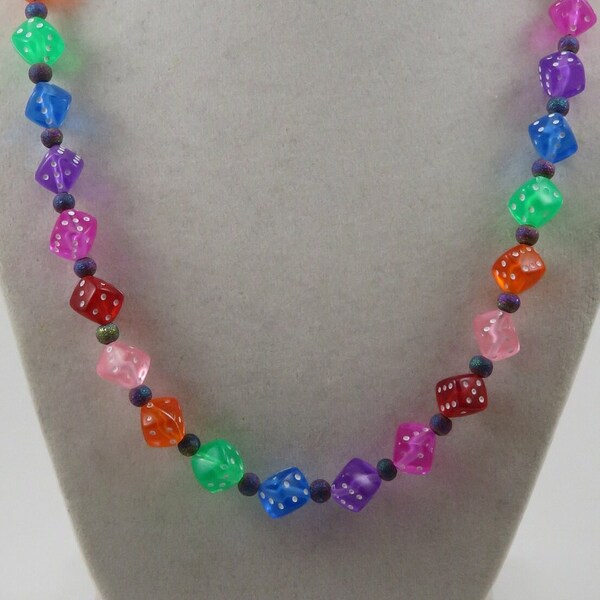 Rainbow Dice Necklace Medium Length, Fun Geeky Jewelry