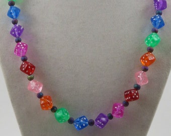 Rainbow Dice Necklace Medium Length, Fun Geeky Jewelry