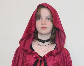 Burgundy Long Crushed Velvet Handmade Hooded Costume Cloak, Panne Velvet